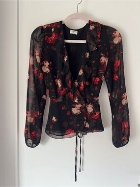 Wilfred Aritzia Black Sheer Floral Wrap Blouse with Red & Cream Blooms, Feminine